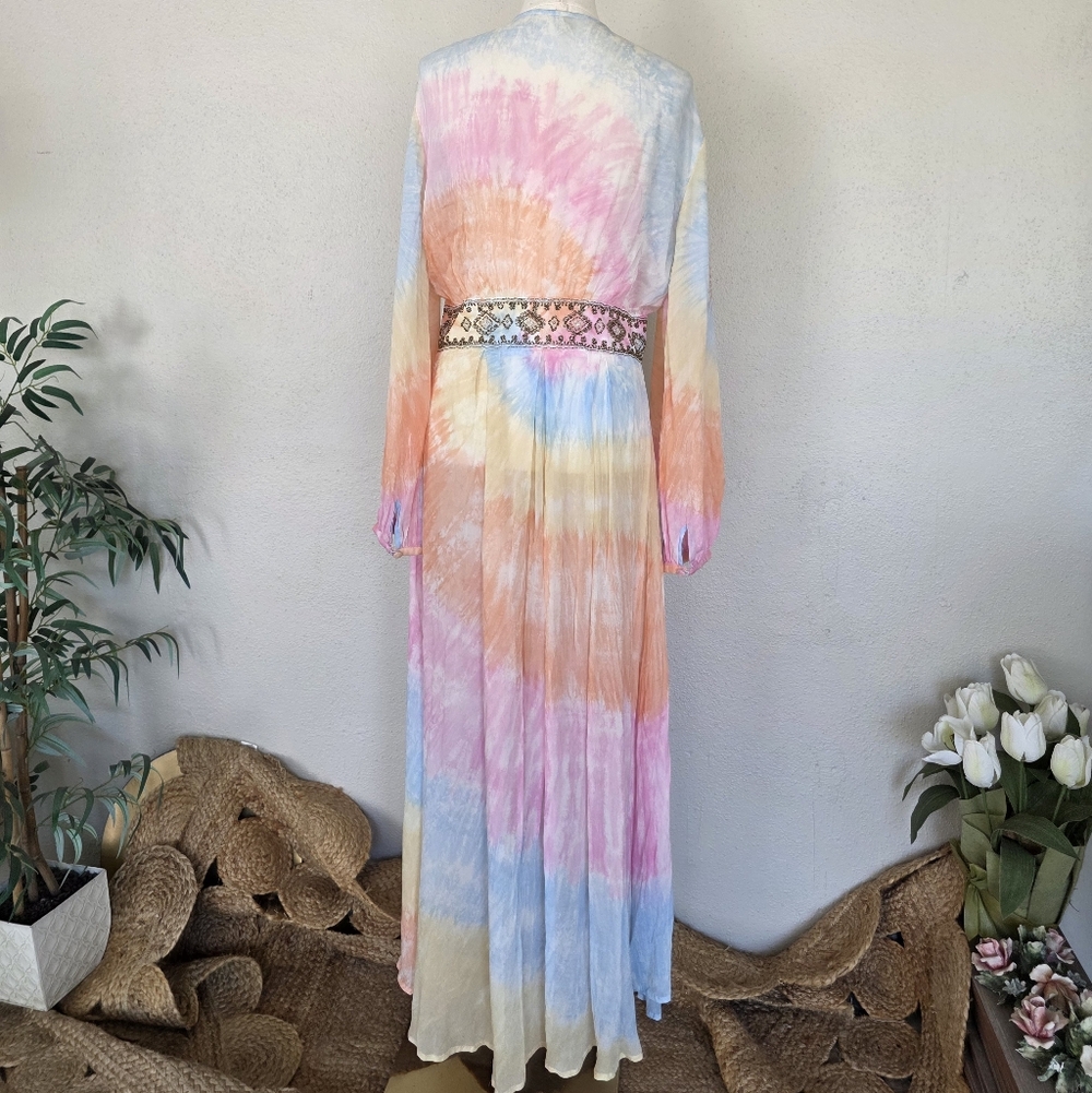 Free People Summer of Love Kimono Maxi Dress Tie Dye Boho Beaded Waist S - Picture 9 of 14